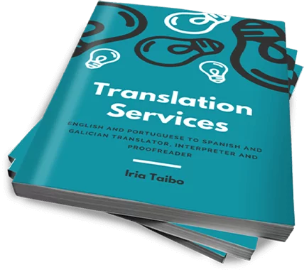 Teal books titled "Translation Services" for translator and proofreader Iria Taibo.