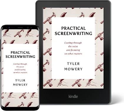Digital mockup of "Practical Screenwriting" by Tyler Mowery displayed on a smartphone and Kindle e-reader, illustrating expert e-book formatting and multi-platform digital publishing services.