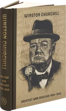 A 3D book cover mockup for "Winston Churchill: Greatest War Speeches 1939–1945," featuring a charcoal-style portrait of Churchill in a fedora, representing historical biography publishing and prestige book design services.