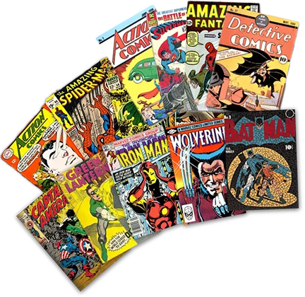 A fanned-out collection of classic comic book covers, including Action Comics, Detective Comics, The Amazing Spider-Man, and Batman, representing professional comic book publishing and graphic novel editorial services.