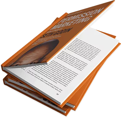 3D mockup of a stack of Permission Marketing books by Seth Godin with orange covers.