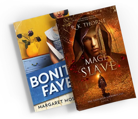 Two book covers: "Bonita Faye" by Margaret Mosley, a retro mystery, and "Mage Slave" by R.K. Thorne, a fantasy novel.