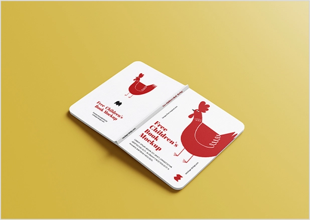 Prestige Publishings children's book mockup featuring a red chicken illustration on a yellow background.