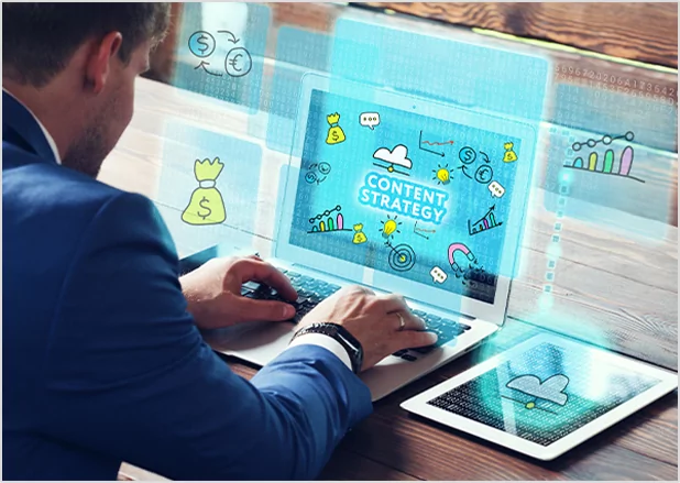 A businessman in a blue suit working on a laptop that displays a vibrant "CONTENT STRATEGY"