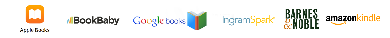 Logo banner for Apple Books, BookBaby, Google Books, IngramSpark, and Amazon.